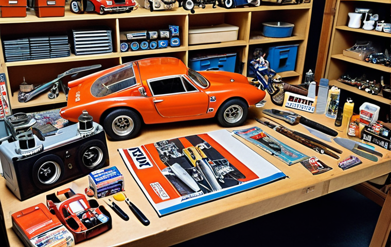 **

> A cluttered workbench with a half-built Tamiya classic racing car model. Scattered around are vintage model kits still in their boxes, paintbrushes, and old decals. Focus on the nostalgia and the thrill of finding a rare kit.

**