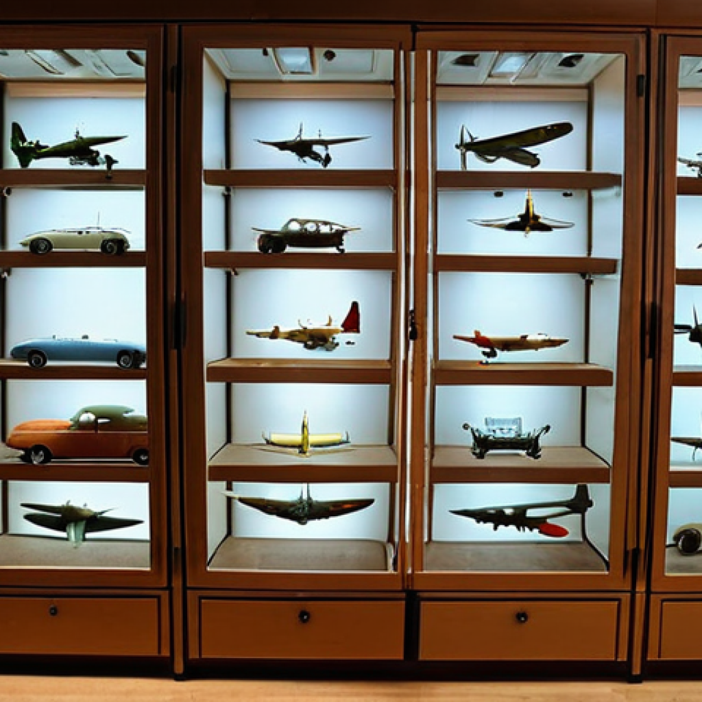 ** A well-lit display cabinet showcasing various model airplanes and cars. The focus is on the organized arrangement and the use of LED lighting to highlight the details of the models. Consider showing models from different eras (e.g., WWII planes, classic cars from the 60s). The environment should be clean and dust-free.

**