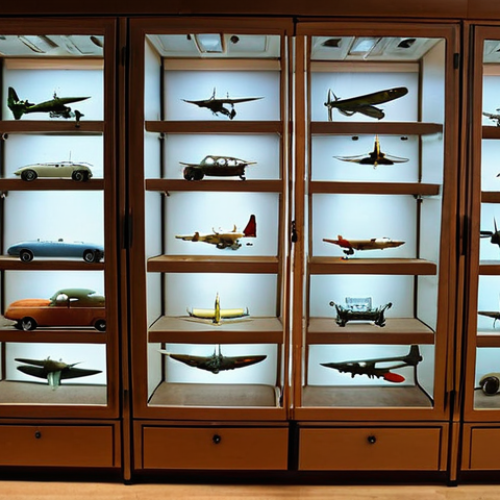 ** A well-lit display cabinet showcasing various model airplanes and cars. The focus is on the organized arrangement and the use of LED lighting to highlight the details of the models. Consider showing models from different eras (e.g., WWII planes, classic cars from the 60s). The environment should be clean and dust-free.

**