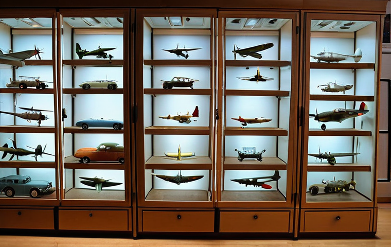 ** A well-lit display cabinet showcasing various model airplanes and cars. The focus is on the organized arrangement and the use of LED lighting to highlight the details of the models. Consider showing models from different eras (e.g., WWII planes, classic cars from the 60s). The environment should be clean and dust-free.

**