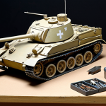 **A meticulously assembled and painted Tamiya Panzerkampfwagen IV Ausf. F2 tank model on a workbench, surrounded by modeling tools like nippers, files, and paintbrushes. The tank exhibits realistic weathering effects like dirt, rust, and chipped paint.**