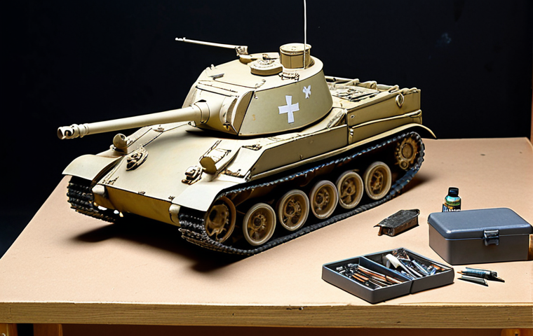 **A meticulously assembled and painted Tamiya Panzerkampfwagen IV Ausf. F2 tank model on a workbench, surrounded by modeling tools like nippers, files, and paintbrushes. The tank exhibits realistic weathering effects like dirt, rust, and chipped paint.**